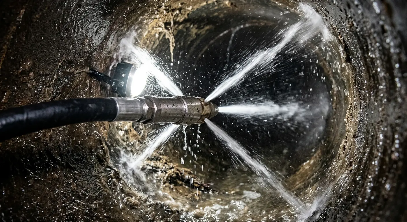 High-pressure hydro jetting nozzle cleaning sewer pipe for Trenchless Sewer Repair in New London