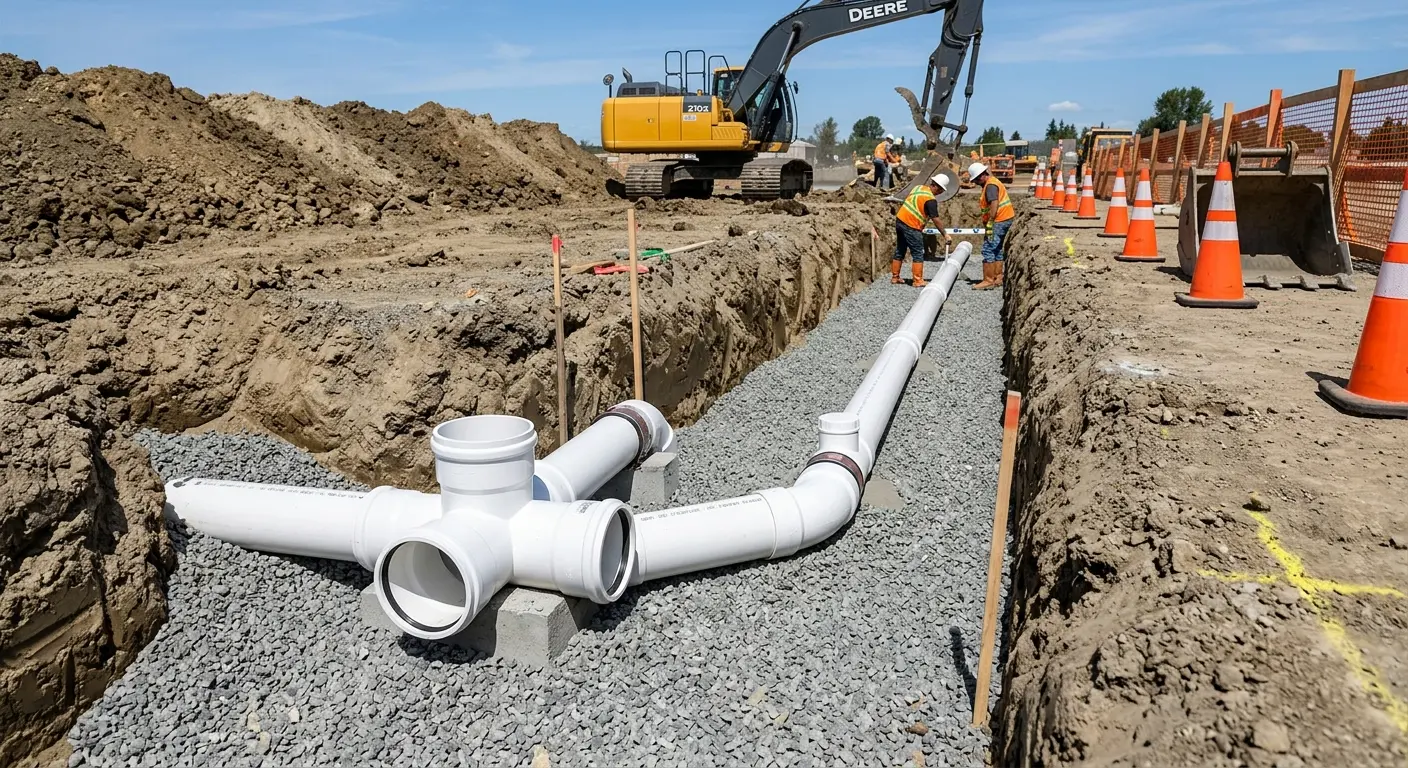 New PVC sewer pipe installation in open trench for Commercial Drain Cleaning in New London