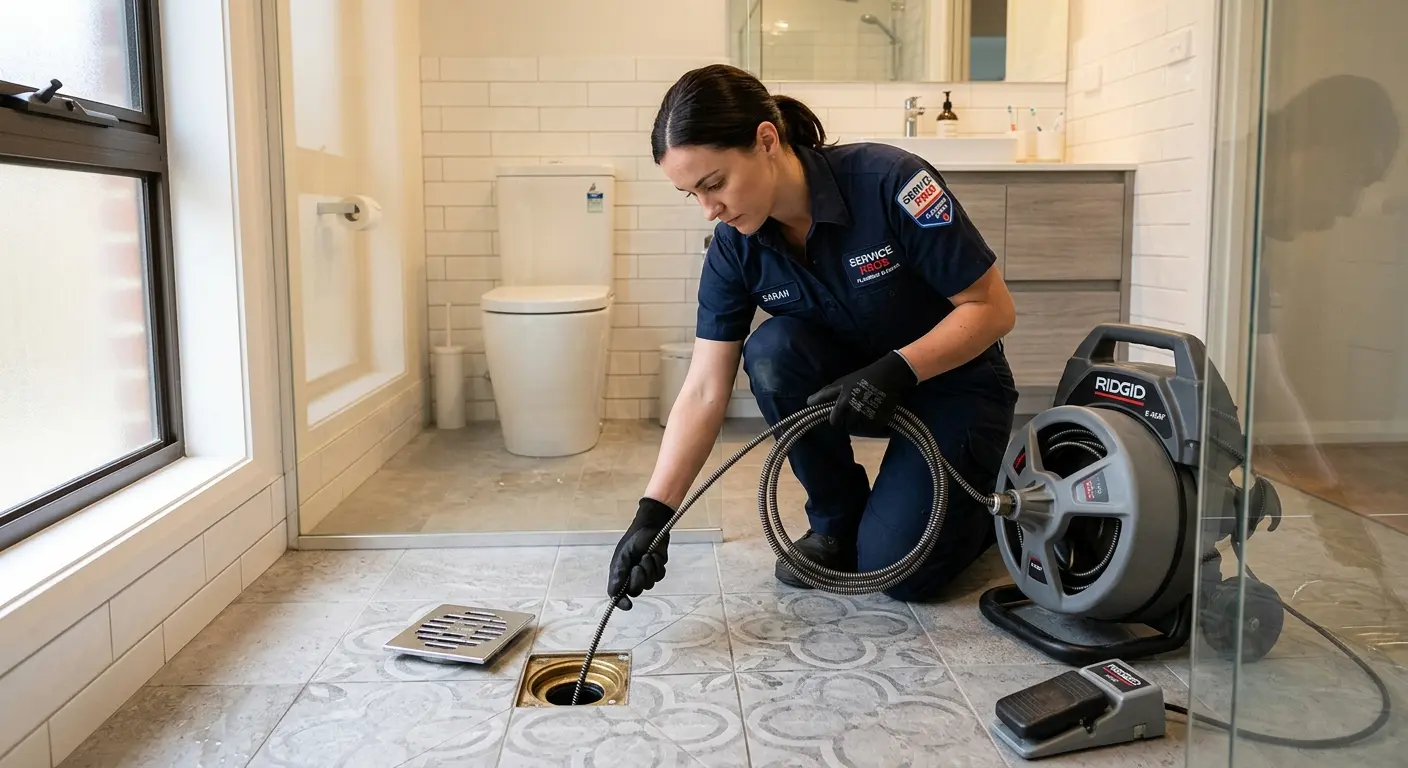 Technician clearing a bathroom floor drain for Clogged Drain Repair in New London